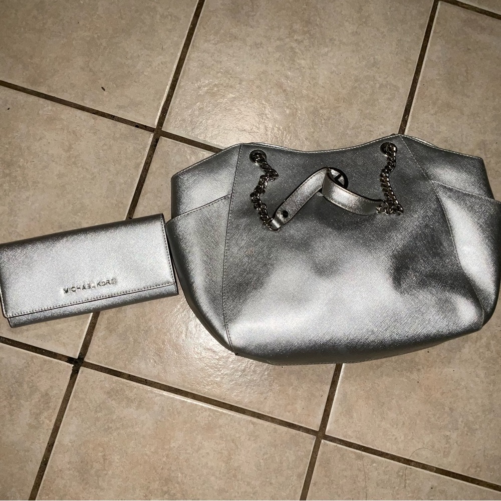 Michael Kors silver purse with matching wallet